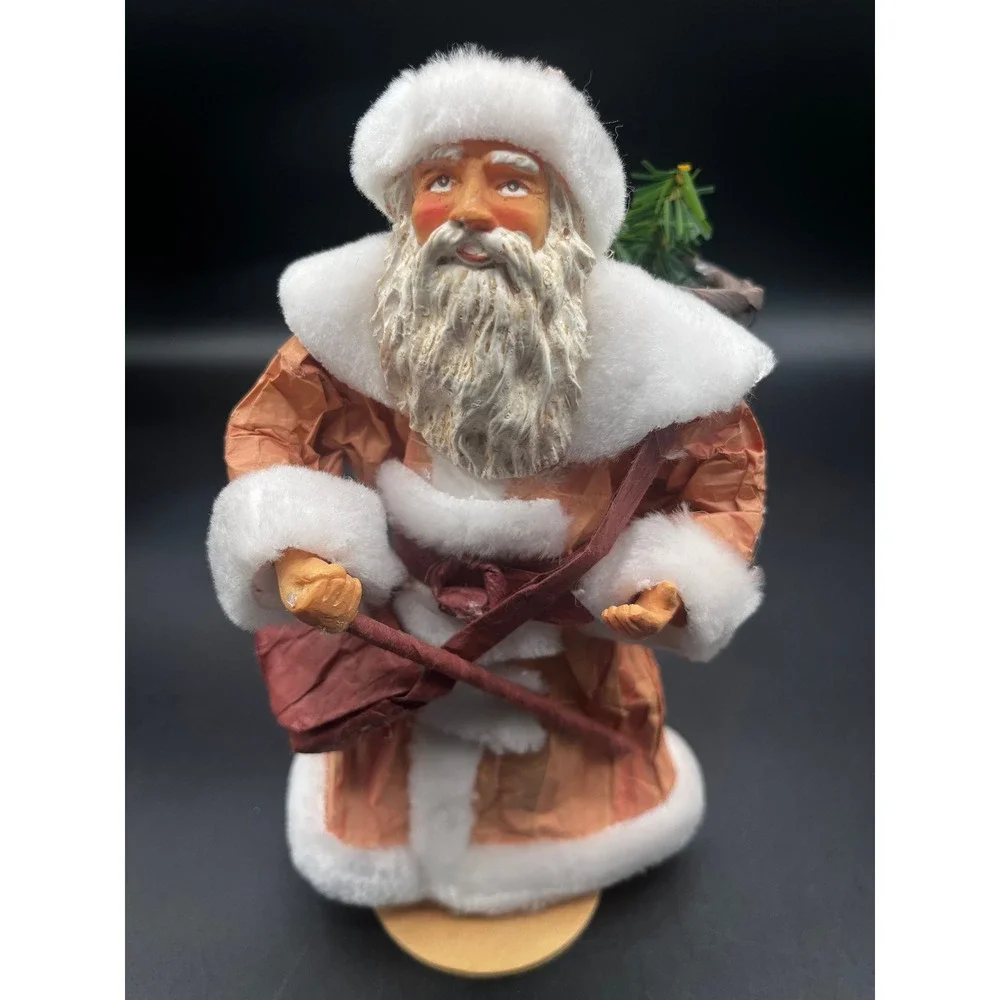 Paper Mache Santa Claus Figurines Set of 2 Hard Plastic Face Hands 8